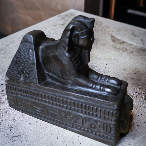Vintage SPINX STONE STATUE/BOOKEND  Black Hand Carved Egyptian Pharoah - Picture 4 of 8